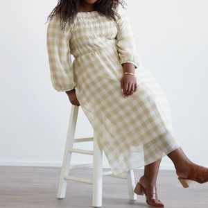 Smocked yellow and white gingham midi dress